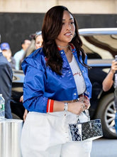 Knicks Game Jordyn Woods Crop Blue Satin Jacket