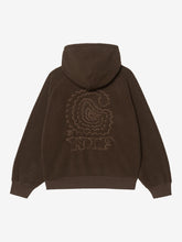 Tonal spiral graphic embroidered on brown fleece hoodie back panel