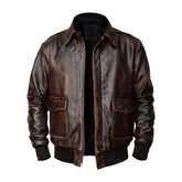Men's dark brown aviator bomber leather jacket with front pockets and ribbed cuffs