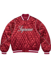 Supreme red quilted satin varsity jacket back view