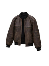 Vintage Distressed Brown Leather Bomber Jacket