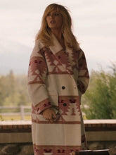 Kelly Reilly Beth Dutton Yellowstone Season 5 pink printed coat front view on porch