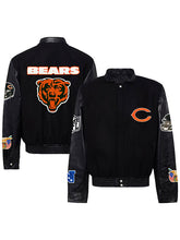 Chicago Bears black wool leather varsity bomber jacket front and back view