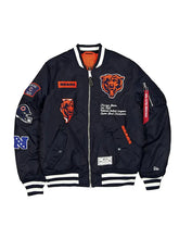 Chicago Bears inspired navy MA-1 bomber jacket with embroidered patches front view