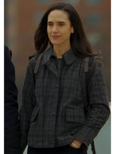 Daniela Dark Matter grey plaid jacket front view city scene