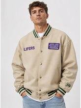 Jet-Life Lifers off white wool varsity jacket front view model shot