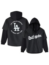 Los Angeles Dodgers pinstripe hooded jersey layered jacket front and back view