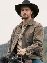 Kayce Dutton Yellowstone Marshals brown leather jacket front view horseback scene