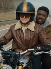 Ted Matchbox The Movie brown leather jacket front view motorcycle scene