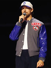 Ryan Gosling Mickey Mouse Club grey blue varsity jacket front view