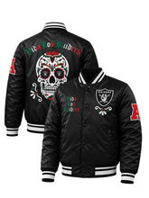 Viva Los Raiders sugar skull satin varsity jacket front and back view