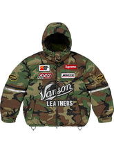 Woodland camouflage Supreme Vanson parachute puffer jacket front view with removable hood