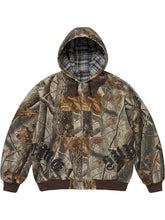 Supreme leather applique camo fleece hooded jacket with plaid lining and full zip front