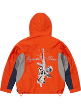 Orange Supreme x GORE-TEX hooded down jacket back view with graphic artwork and contrast panels