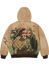 Supreme washed tan hooded jacket back view with large artistic graphic artwork