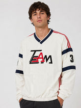 Men's oversized TEAM beige pullover front view V-neck close up