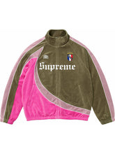 Supreme X Umbro velour track jacket in olive and pink front view