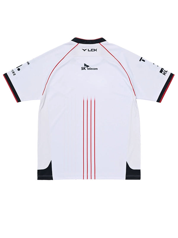 T1 Worlds 2024 esports jersey back view with red pinstripes and black side panels