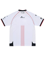 T1 Worlds 2024 esports jersey back view with red pinstripes and black side panels