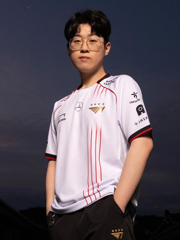 T1 Worlds 2024 white esports jersey on model front view with red pinstripes