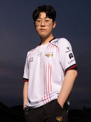 T1 Worlds 2024 white esports jersey on model front view with red pinstripes