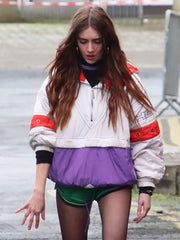 Talia Ryder Paige white windbreaker jacket front view street scene
