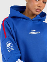 Blue Western Bulldogs AFL x Elite Eleven hoodie with front logo, hood, and red shoulder stripe