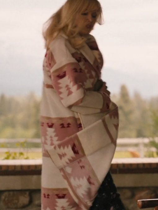 Beth Dutton Yellowstone pink Aztec long coat side view with Southwestern print