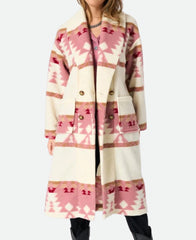 Beth Dutton Yellowstone pink Aztec coat on model front view with shawl collar and patch pockets