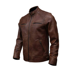 Men's dark brown biker-style genuine leather jacket with zippered pockets and quilted shoulders