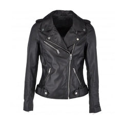 Black biker style jacket with silver zippers and snap buttons on a white background