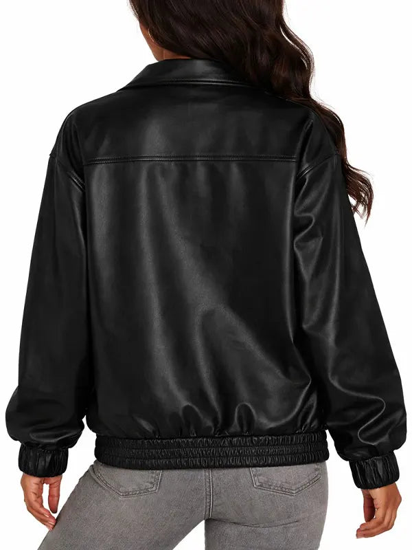 Black Faux Leather Bomber Jacket