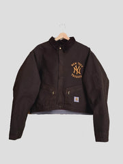Carhartt NY Yankees dark brown crop jacket front view with corduroy collar