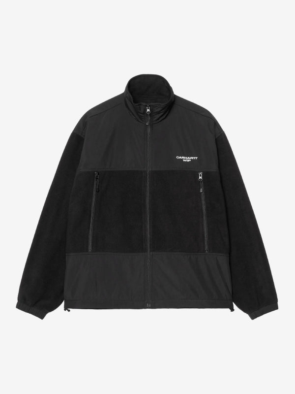 Front view, flat lay, black fleece jacket with parachute fabric paneling and chest logo