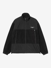 Front view, flat lay, black fleece jacket with parachute fabric paneling and chest logo