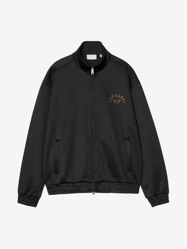 Streetwear fleece jacket flat lay in black with orange chest branding
