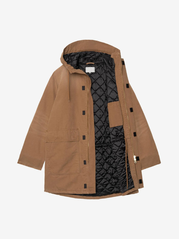 Open-front parka revealing black quilted interior lining and bellow pockets