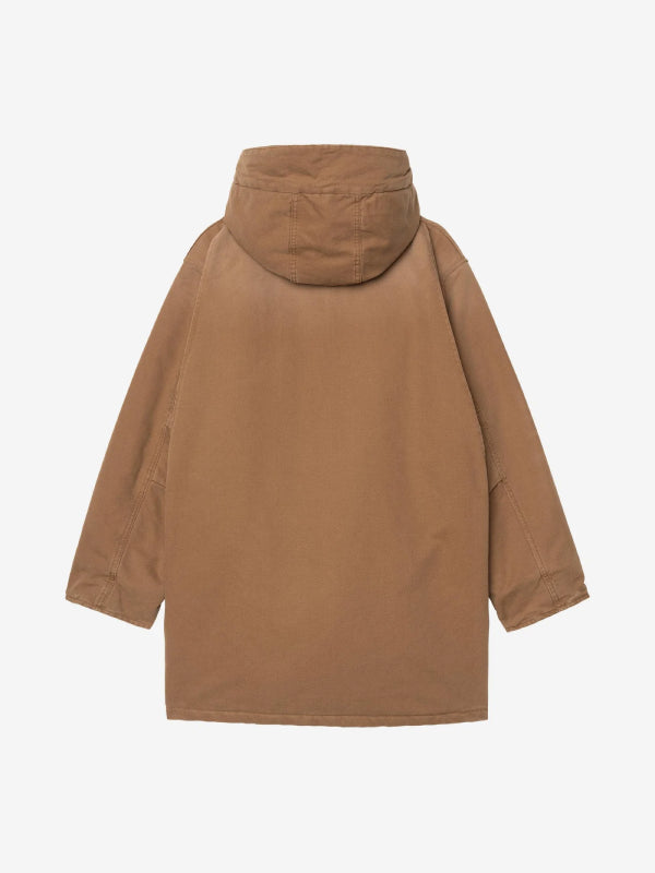 Workwear-style parka back panel showing hood and drop shoulder seams