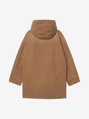Workwear-style parka back panel showing hood and drop shoulder seams