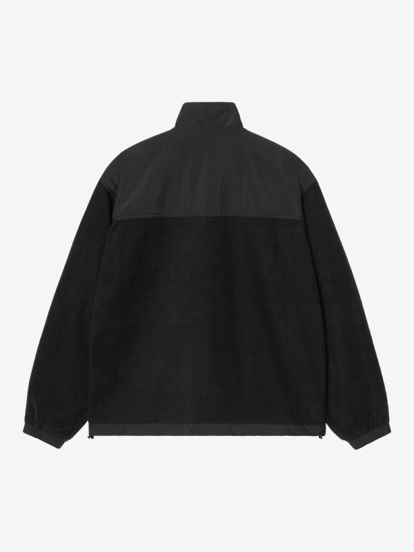 Back view, flat lay, plain black fleece jacket with parachute fabric yoke panel
