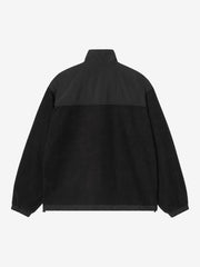 Back view, flat lay, plain black fleece jacket with parachute fabric yoke panel