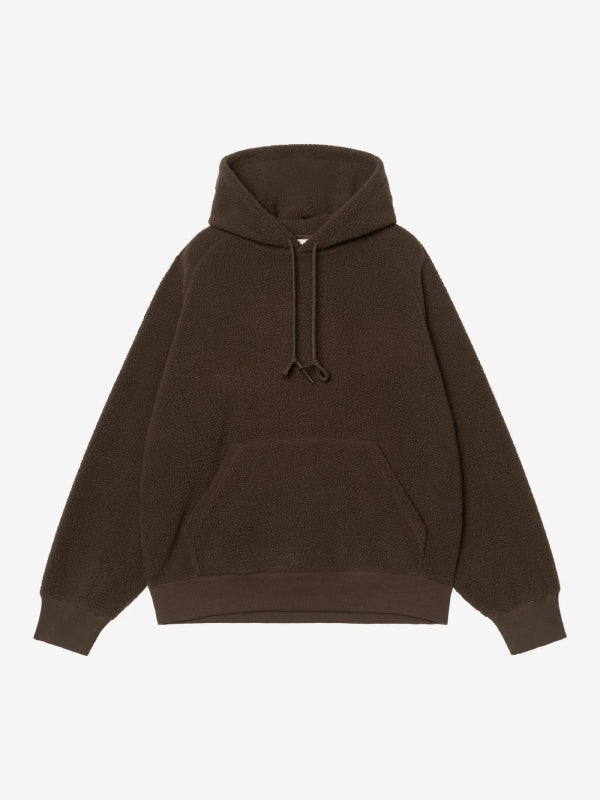 Brown sherpa fleece pullover hoodie flat lay, front view with drawstring hood