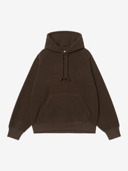Brown sherpa fleece pullover hoodie flat lay, front view with drawstring hood