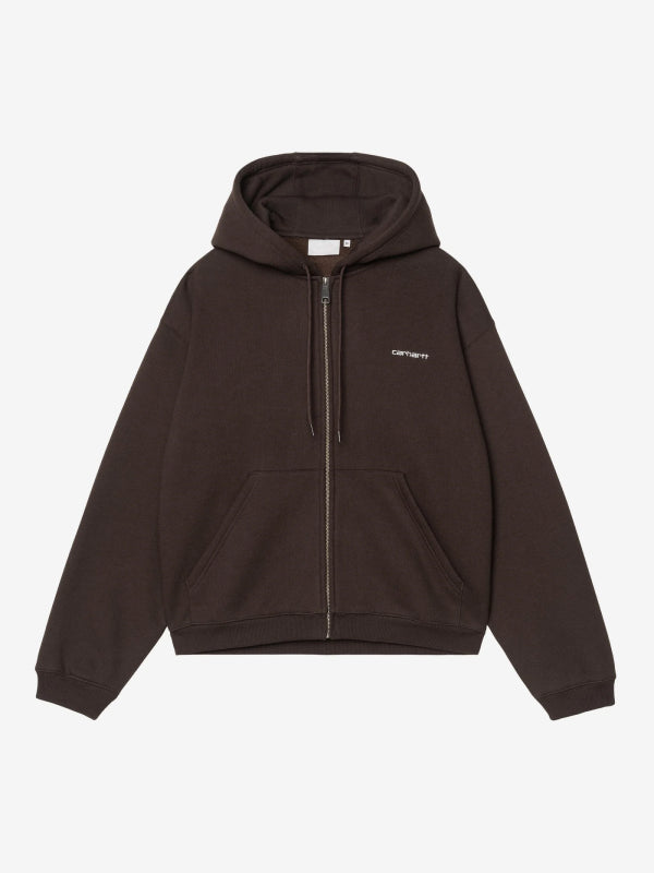 Front view, flat lay, brown fleece zip hoodie with chest logo and kangaroo pocket