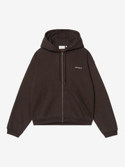 Front view, flat lay, brown fleece zip hoodie with chest logo and kangaroo pocket