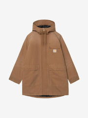 Tan cotton canvas parka with hood and front chest pocket, styled flat lay front view