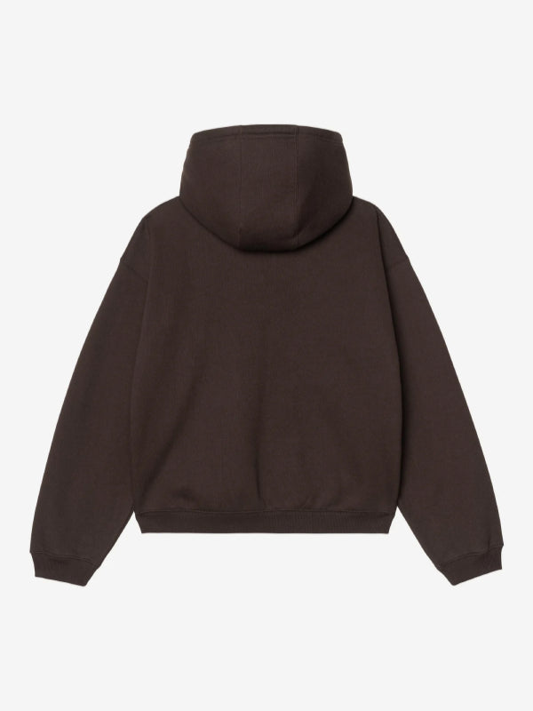 Back view, flat lay, plain brown hoodie with hood and dropped shoulders