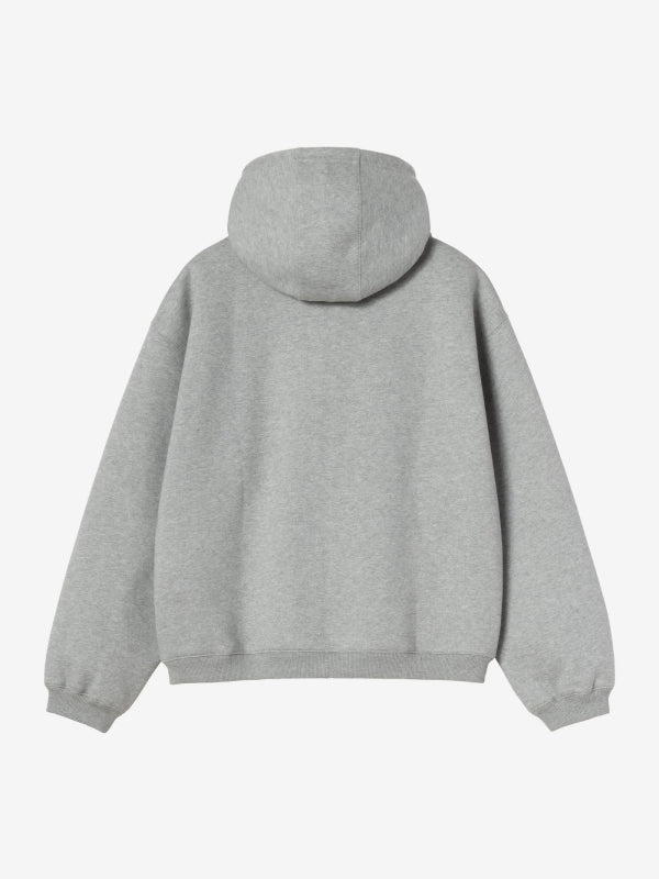 Back view, flat lay, plain grey hoodie with hood