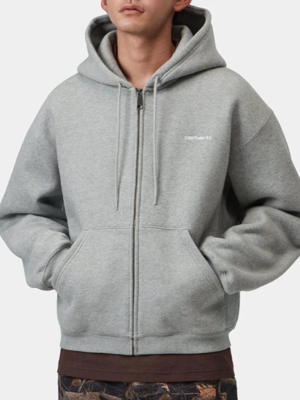 Zip hoodie worn with hands in kangaroo pocket, model front view