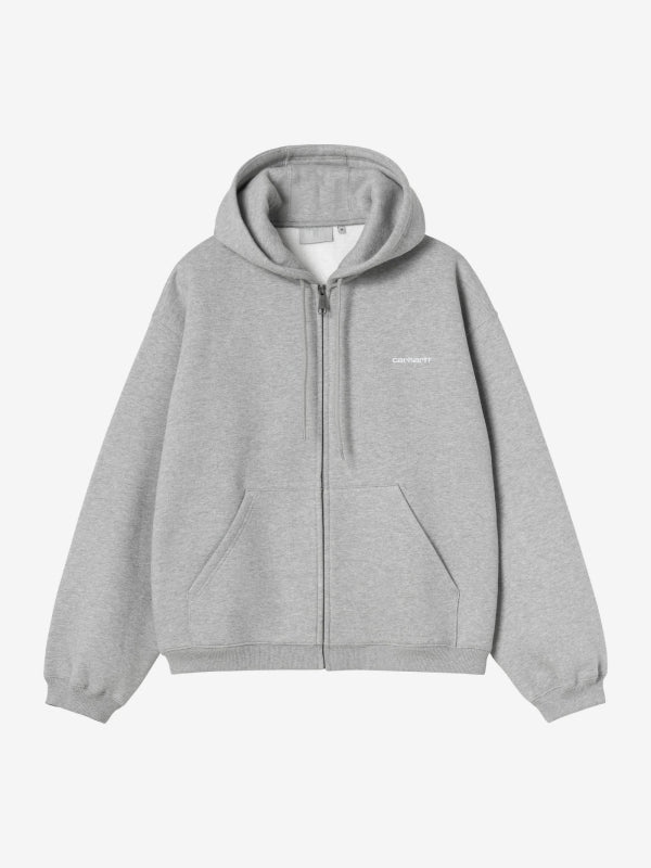 Front view, flat lay, grey fleece zip hoodie with drawstring hood and chest logo